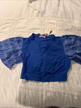 Royal Blue Button-Front cropped Blouse with Embroidered flower Balloon Sleeves